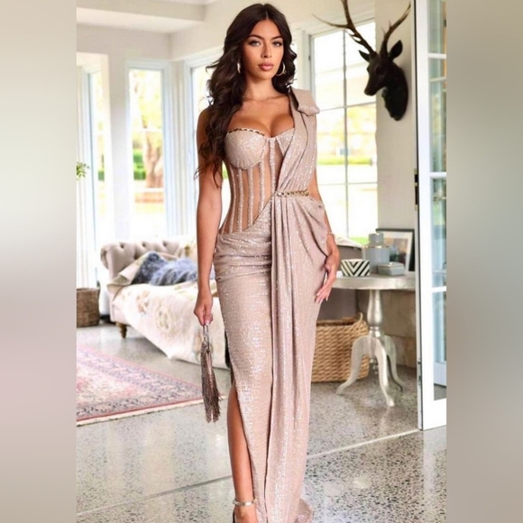 Eliya the Label Annalise Corset Gown Dress Sequin Champagne Large NWT - Picture 3 of 11